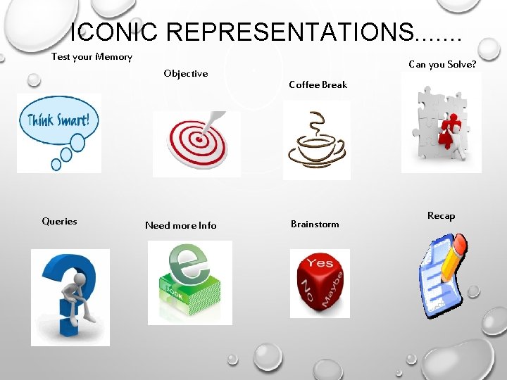 ICONIC REPRESENTATIONS. . . . Test your Memory Objective Queries Need more Info Can