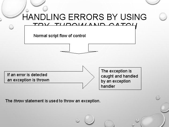 HANDLING ERRORS BY USING TRY, THROW AND CATCH Normal script flow of control STATEMENTS