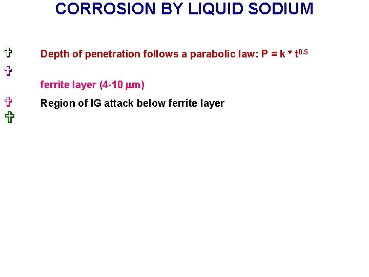 CORROSION BY LIQUID SODIUM V V Depth of penetration follows a parabolic law: P