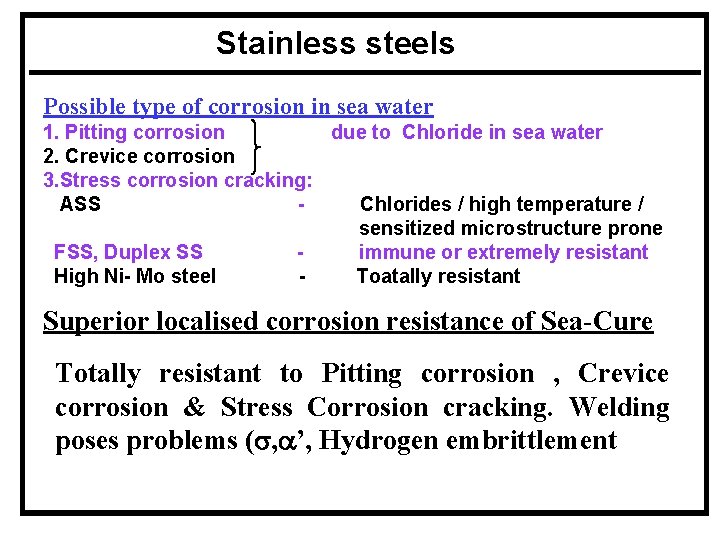 Stainless steels Possible type of corrosion in sea water 1. Pitting corrosion due to