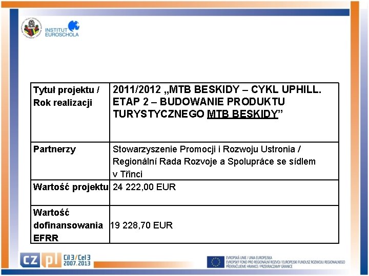 Tytuł projektu / Rok realizacji 2011/2012 „MTB BESKIDY – CYKL UPHILL. ETAP 2 –