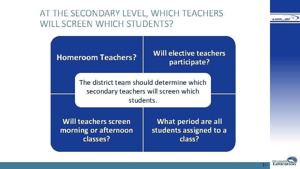 AT THE SECONDARY LEVEL, WHICH TEACHERS WILL SCREEN WHICH STUDENTS? Homeroom Teachers? Will elective AT THE SECONDARY LEVEL, WHICH TEACHERS WILL SCREEN WHICH STUDENTS? Homeroom Teachers? Will elective
