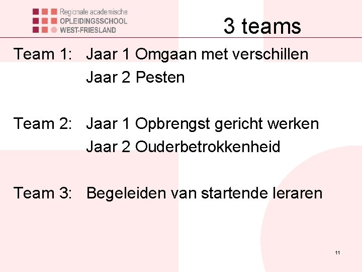 3 teams Team 1: Jaar 1 Omgaan met verschillen Jaar 2 Pesten Team 2: