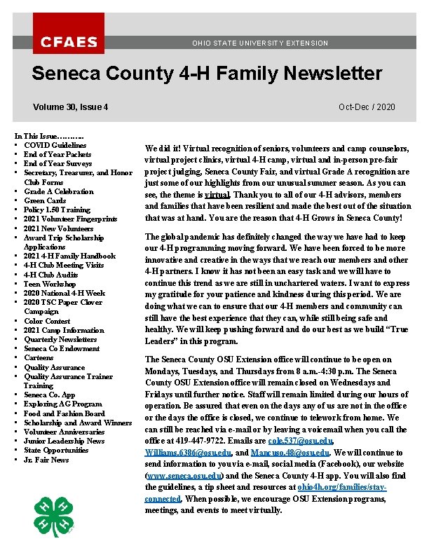 OHIO STATE UNIVERSITY EXTENSION Seneca County 4 -H Family Newsletter Volume 30, Issue 4