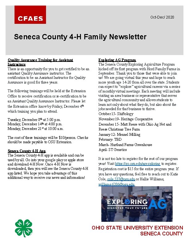 Oct-Dec/ 2020 Seneca County 4 -H Family Newsletter Quality Assurance Training for Assistant Instructors