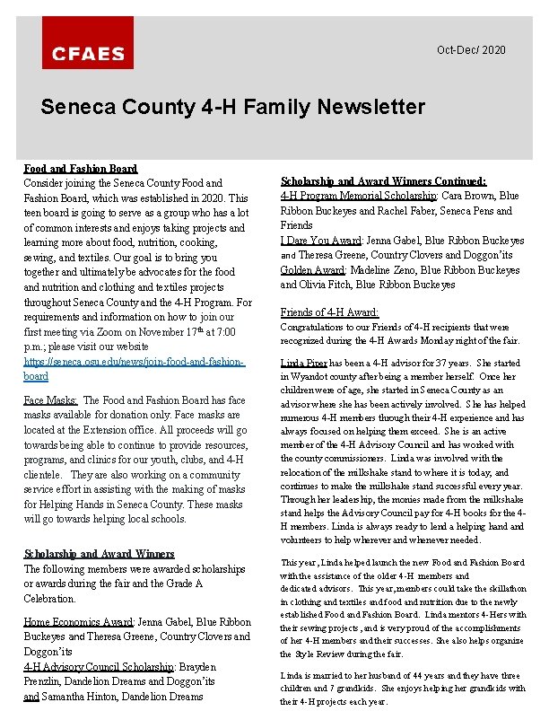 Oct-Dec/ 2020 Seneca County 4 -H Family Newsletter Food and Fashion Board Consider joining