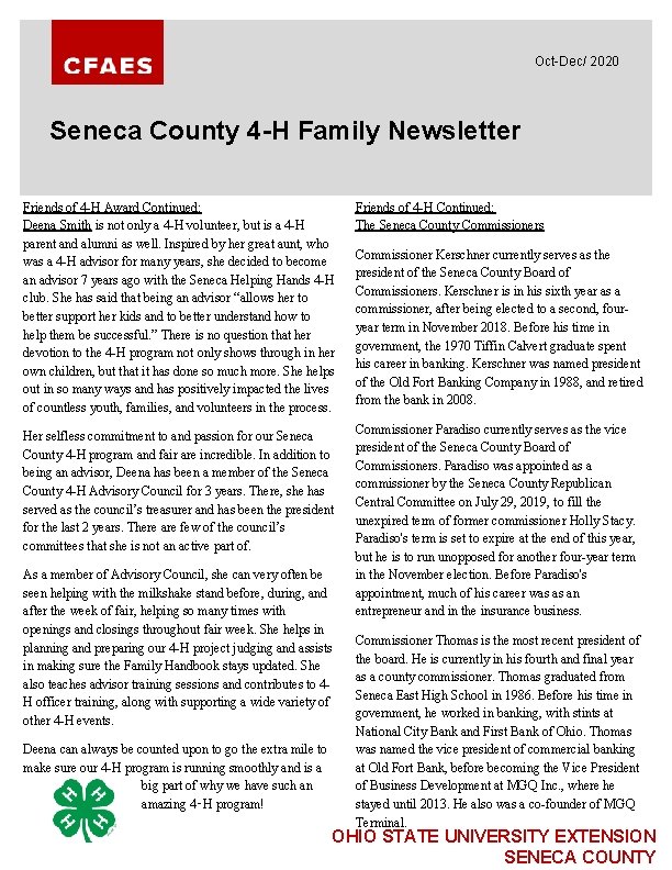 Oct-Dec/ 2020 Seneca County 4 -H Family Newsletter Friends of 4 -H Award Continued: