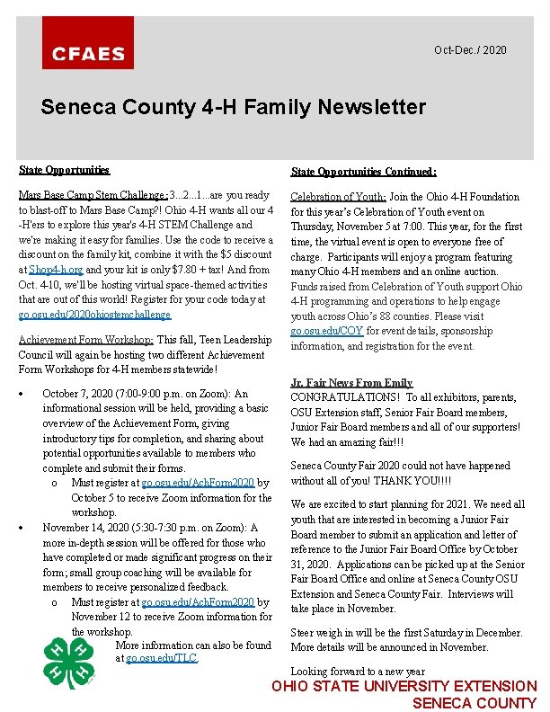Oct-Dec. / 2020 Seneca County 4 -H Family Newsletter State Opportunities Continued: Mars Base