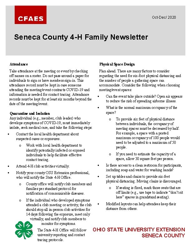 Oct-Dec/ 2020 Seneca County 4 -H Family Newsletter Attendance Physical Space Design Take attendance