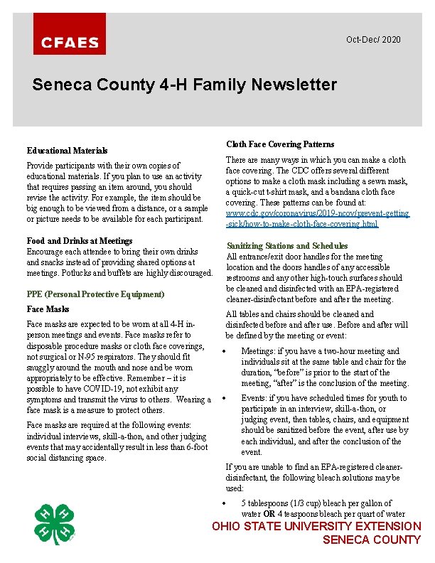 Oct-Dec/ 2020 Seneca County 4 -H Family Newsletter Cloth Face Covering Patterns Educational Materials