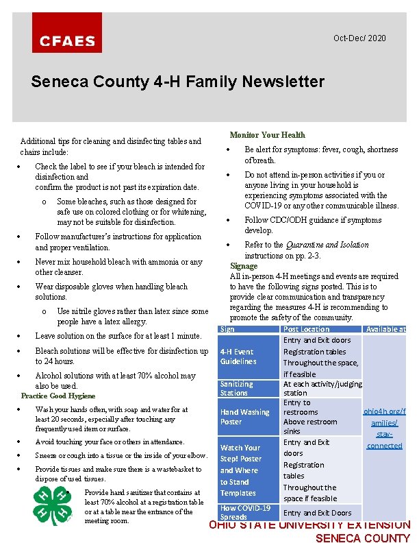 Oct-Dec/ 2020 Seneca County 4 -H Family Newsletter Monitor Your Health Additional tips for