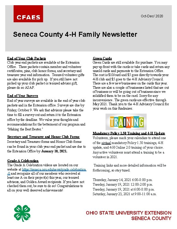 Oct-Dec/ 2020 Seneca County 4 -H Family Newsletter End of Year Club Packets Club