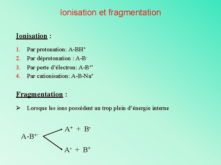Ionisation et fragmentation Ionisation : 1. 2. 3. 4. Par protonation: A-BH+ Par déprotonation