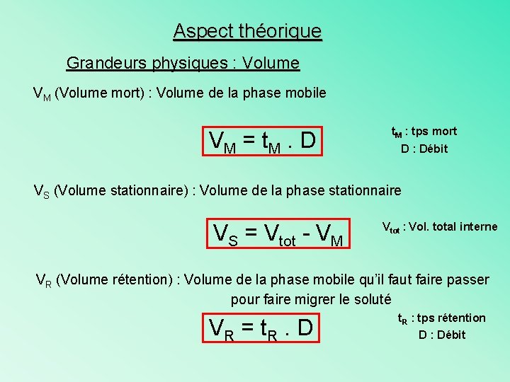 Aspect théorique Grandeurs physiques : Volume VM (Volume mort) : Volume de la phase