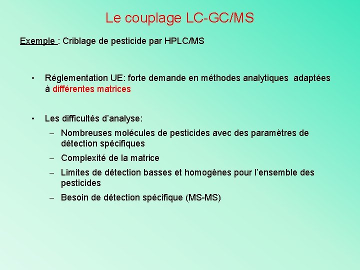 Le couplage LC-GC/MS Exemple : Criblage de pesticide par HPLC/MS • Réglementation UE: forte