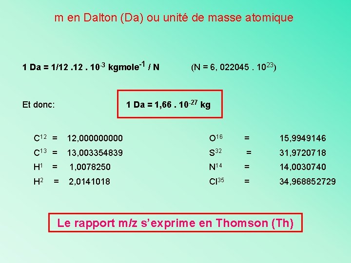 m en Dalton (Da) ou unité de masse atomique 1 Da = 1/12. 10