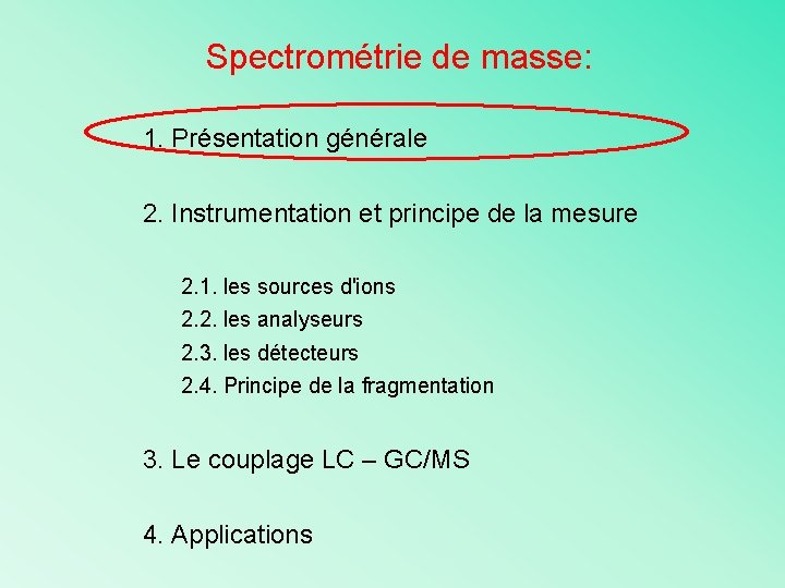 Spectrométrie de masse: 1. Présentation générale 2. Instrumentation et principe de la mesure 2.