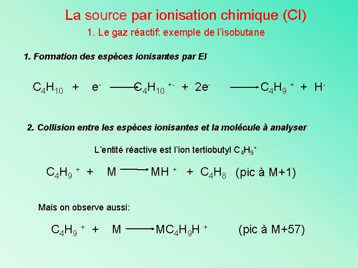 La source par ionisation chimique (CI) 1. Le gaz réactif: exemple de l’isobutane 1.