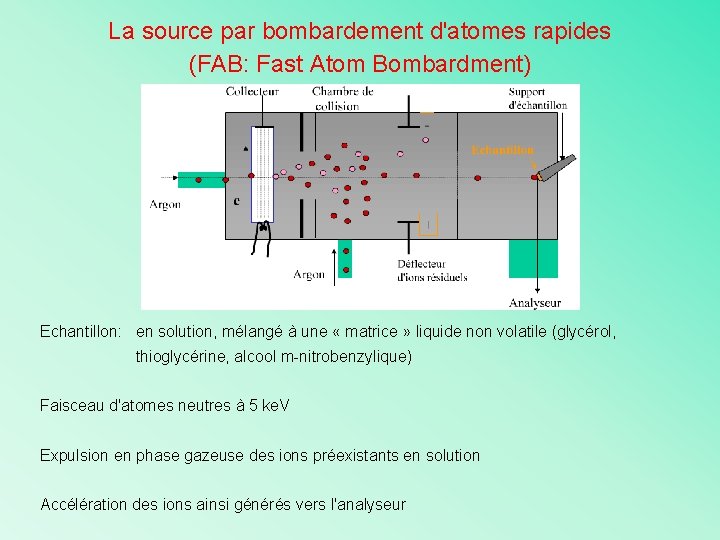 La source par bombardement d'atomes rapides (FAB: Fast Atom Bombardment) Echantillon: en solution, mélangé