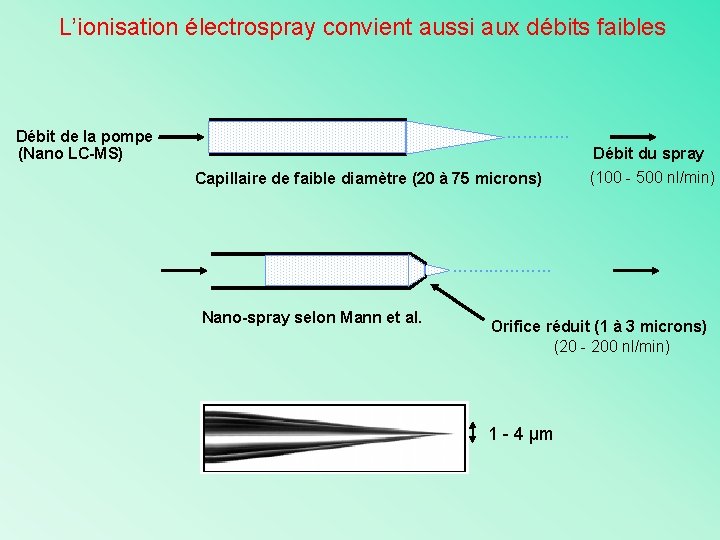 L’ionisation électrospray convient aussi aux débits faibles ………… Débit de la pompe (Nano LC-MS)