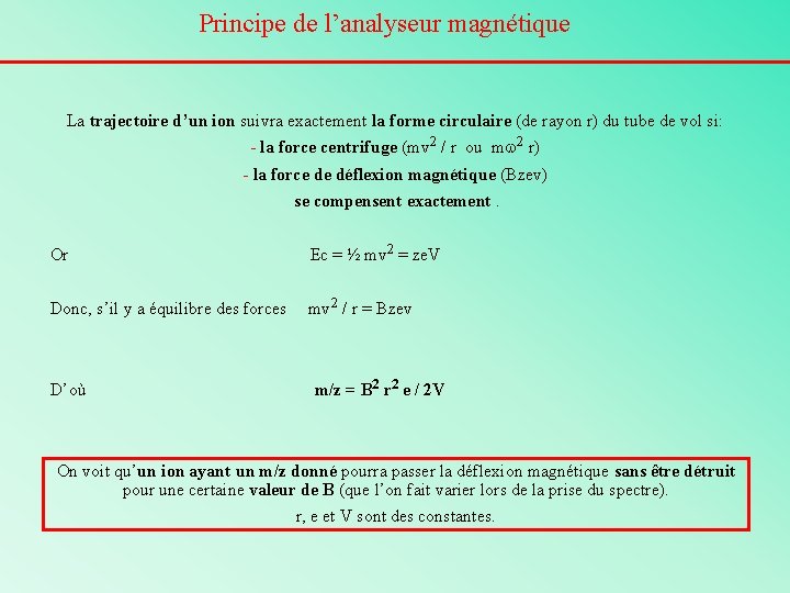 Principe de l’analyseur magnétique La trajectoire d’un ion suivra exactement la forme circulaire (de