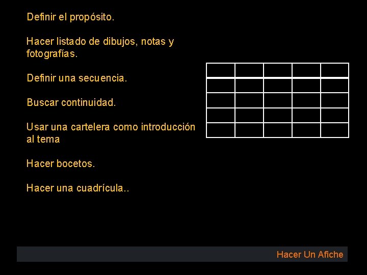 Definir el propósito. Hacer listado de dibujos, notas y fotografías. Definir una secuencia. Buscar