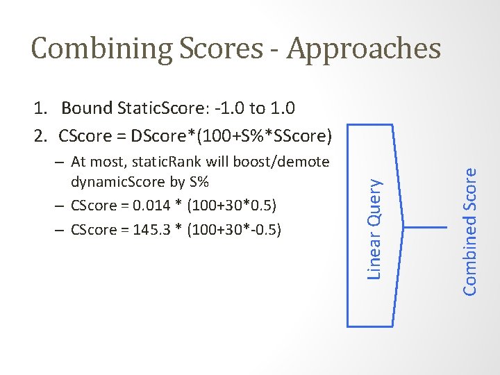 Combining Scores - Approaches Combined Score – At most, static. Rank will boost/demote dynamic.