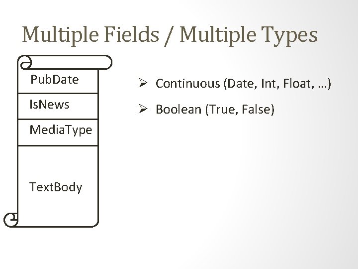 Multiple Fields / Multiple Types Pub. Date Ø Continuous (Date, Int, Float, …) Is.