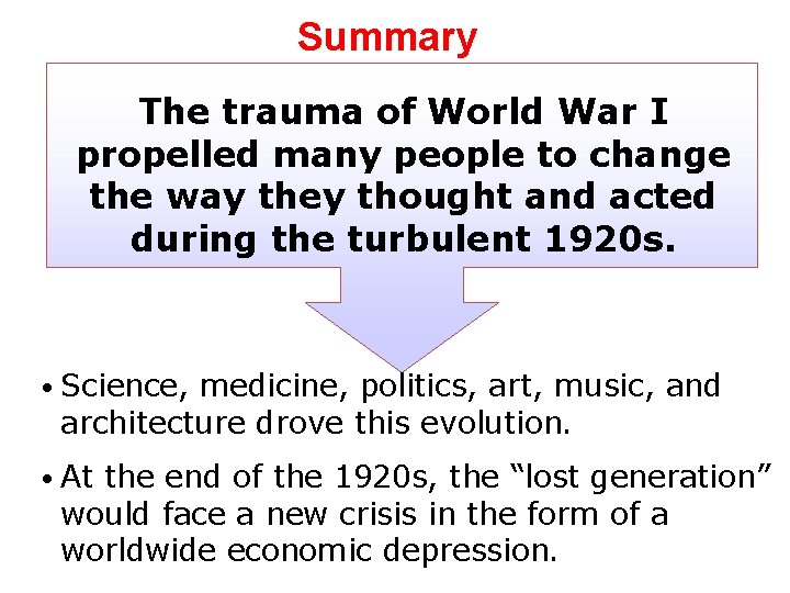 Summary The trauma of World War I propelled many people to change the way