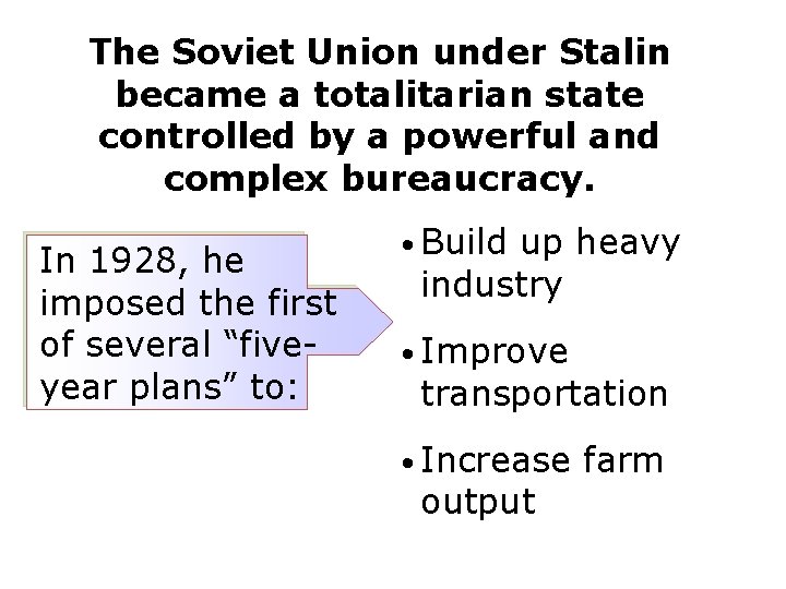 The Soviet Union under Stalin became a totalitarian state controlled by a powerful and