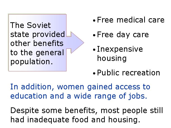 The Soviet state provided other benefits to the general population. • Free medical care