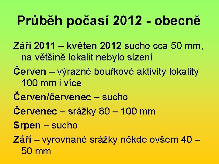 Průběh počasí 2012 - obecně Září 2011 – květen 2012 sucho cca 50 mm,