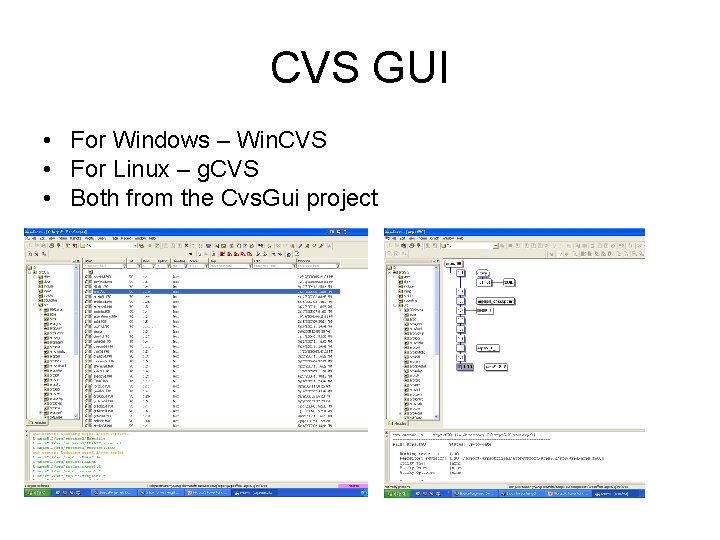 CVS GUI • For Windows – Win. CVS • For Linux – g. CVS