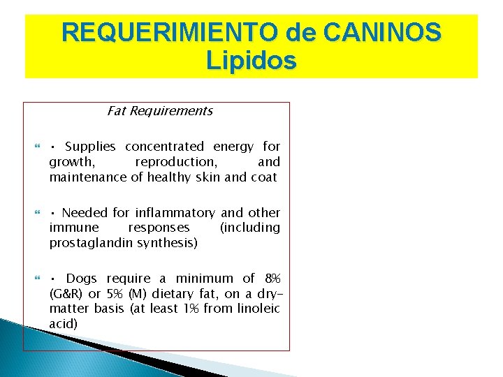 REQUERIMIENTO de CANINOS Lipidos Fat Requirements • Supplies concentrated energy for growth, reproduction, and