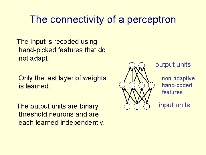 The connectivity of a perceptron The input is recoded using hand-picked features that do