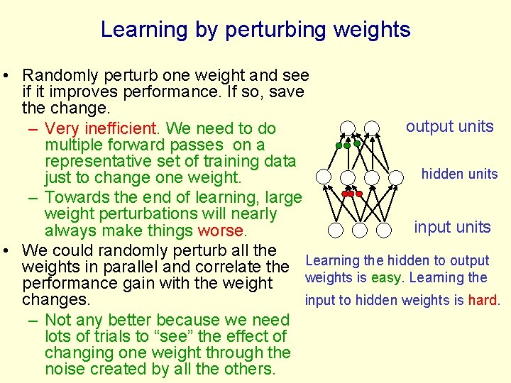 Learning by perturbing weights • Randomly perturb one weight and see if it improves