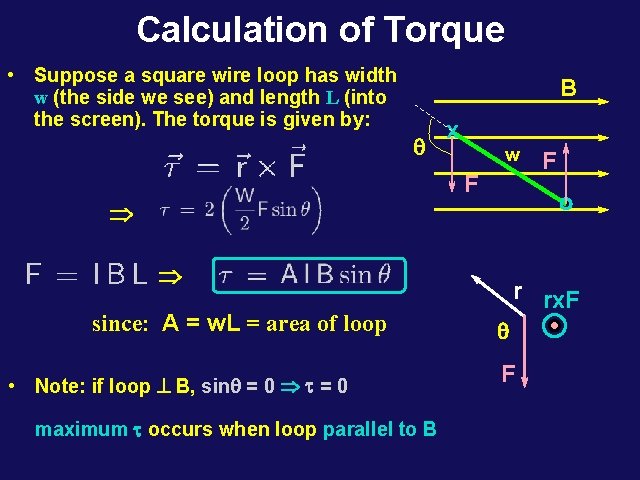Calculation of Torque • Suppose a square wire loop has width w (the side