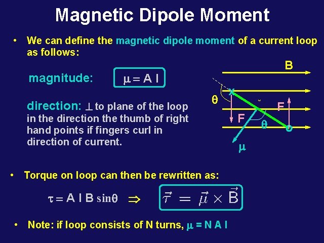 Magnetic Dipole Moment • We can define the magnetic dipole moment of a current