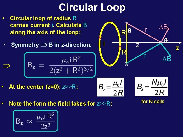 Circular Loop > • Symmetry Þ B in z-direction. I • Rq > •