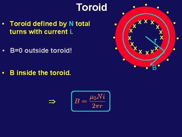 Toroid • Toroid defined by N total turns with current i. • B=0 outside