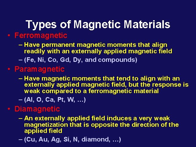 Types of Magnetic Materials • Ferromagnetic – Have permanent magnetic moments that align readily