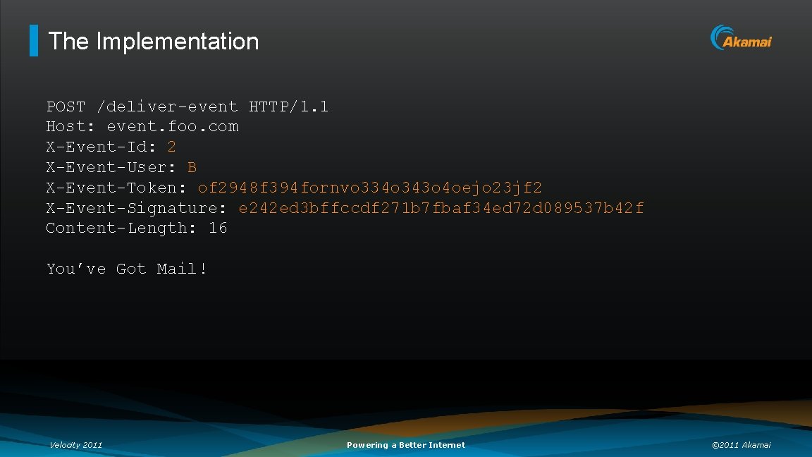 The Implementation POST /deliver-event HTTP/1. 1 Host: event. foo. com X-Event-Id: 2 X-Event-User: B