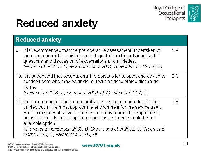 Reduced anxiety 9. It is recommended that the pre-operative assessment undertaken by the occupational