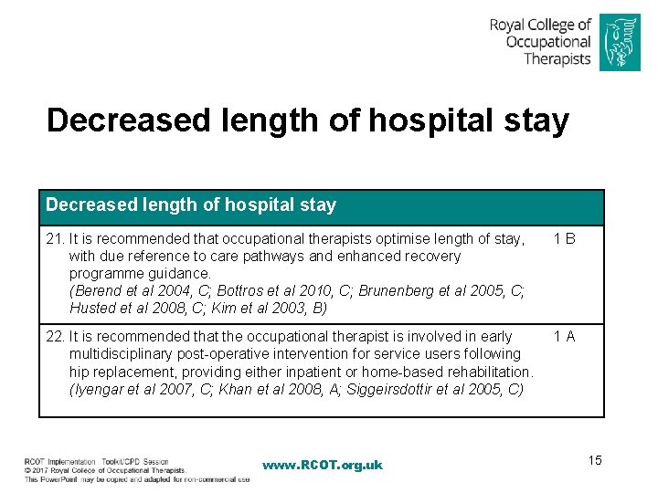 Decreased length of hospital stay 21. It is recommended that occupational therapists optimise length