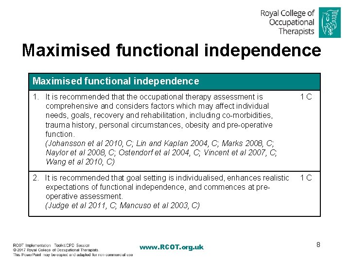 Maximised functional independence 1. It is recommended that the occupational therapy assessment is comprehensive