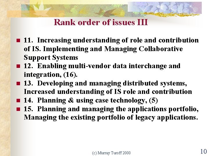 Rank order of issues III n n n 11. Increasing understanding of role and