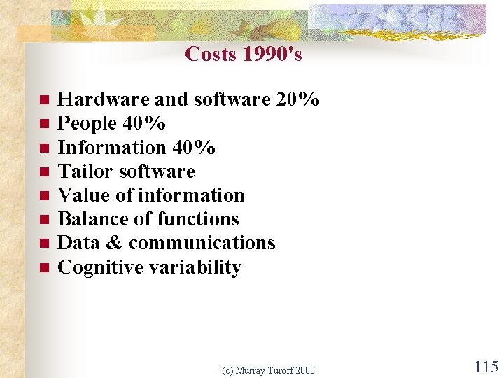 Costs 1990's n n n n Hardware and software 20% People 40% Information 40%