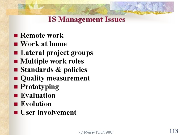 IS Management Issues n n n n n Remote work Work at home Lateral