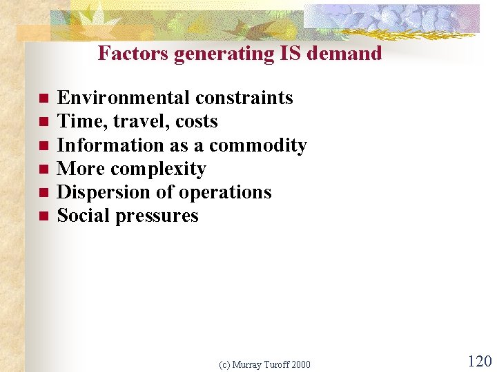 Factors generating IS demand n n n Environmental constraints Time, travel, costs Information as