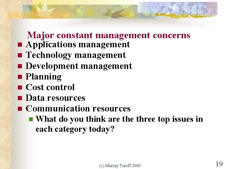Major constant management concerns n n n n Applications management Technology management Development management
